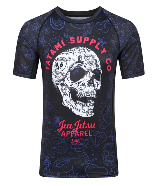 SUGAR SKULL ECO TECH RECYCLED SHORT SLEEVE RASH GUARD - BLACK